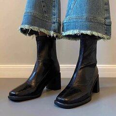 软皮版~复古粗跟弹力瘦瘦靴女高跟通勤短靴2025秋冬新款马丁靴子