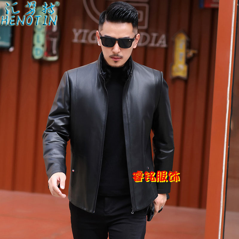 Huinute Men's Sheepskin Coat Warm Leather Coat Mink Fur Collar Down Liner Leather Jacket Trendy Brand