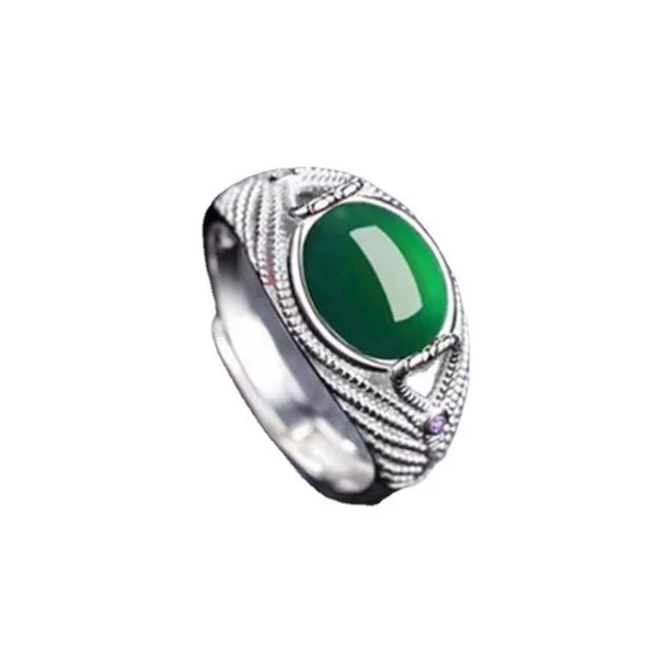 Silver-Plated Imitation Jade Ring for Women, Green Ruby Opening, Retro Trendy Jade Ring, Birthday Gift, Agate Ring