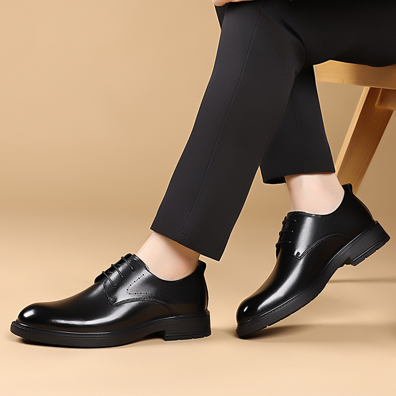 zapatos de cuero de negocios de hombre, cabeza redonda, cinturón clásico, zapatos de hombre, capa de cabeza antideslizante y resistente al desgaste, zapatos de derby con suela gruesa