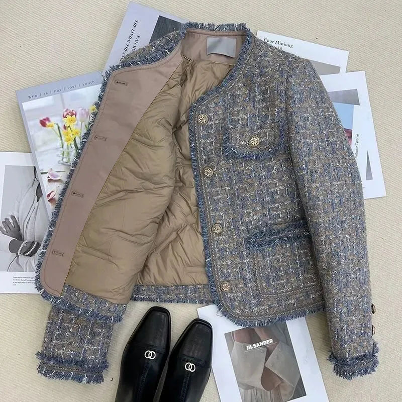 Thickened Inner Lining down Women's Chanel-Style Jacket Trendy Tweed 2025 Winter New Style Elegant Loose Thickened Top