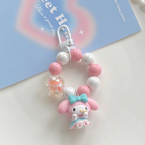 New cream beaded cartoon big-eared dog keychain cute doll short mobile phone chain same mobile phone hanging