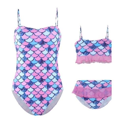 European and American-style swimsuits for moms and daughters: Kids' and adult-sized mermaid-scale print bikinis