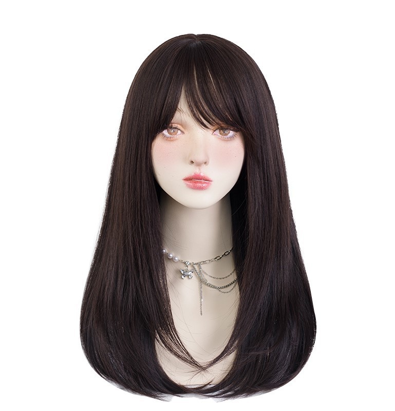 Peruca de cabello largo de mujer con una cubierta de cabello completo temperamento facial recto de cabello largo y recto Lolita cubierta de cabello flojo natural