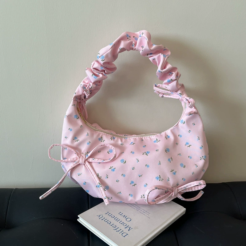 Сумка‑handbag с бантом, одноплечная летняя, сборчатая ручка, цветочный принт