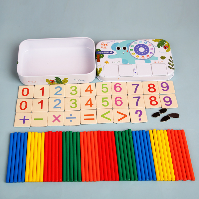 Transfronterizo de niños Montessori digital stick caja de hierro contando palo de cálculo de madera rack de jardín de infantes aritmética adición y resta material didáctico