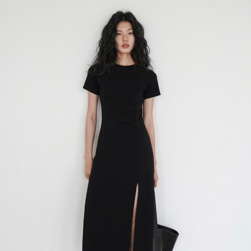 Eighthmonth Black Slit Long Skirt Short-Sleeved Dress for Women Summer Design Slim Fit Elegant Dress