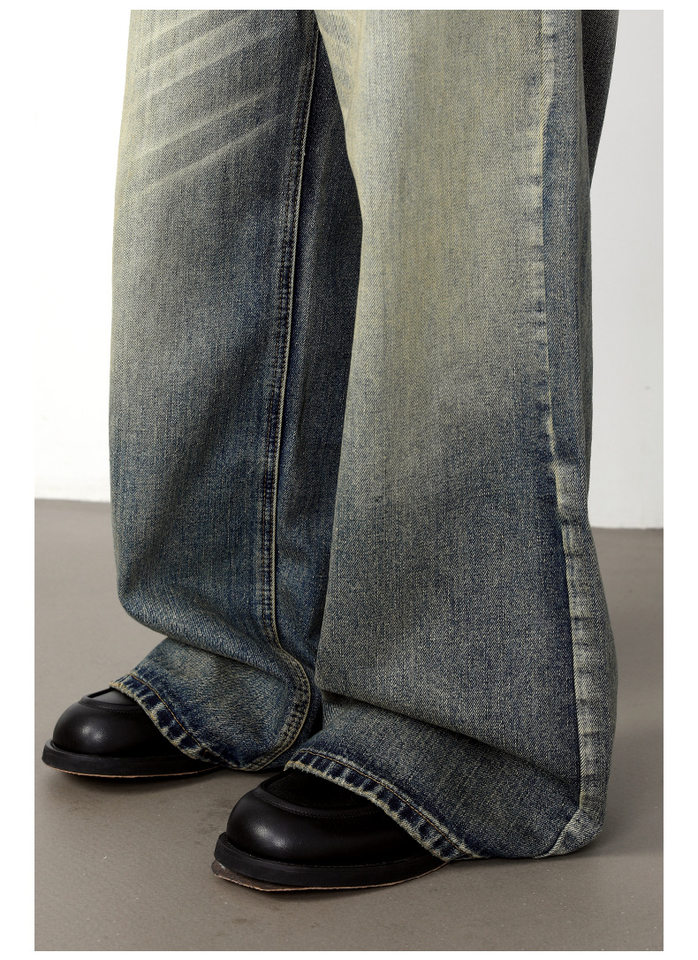 Quần jeans nam dáng rộng ống đứng phong cách retro Mỹ, giặt mài làm cũ — Màu xanh dương chi tiết 17
