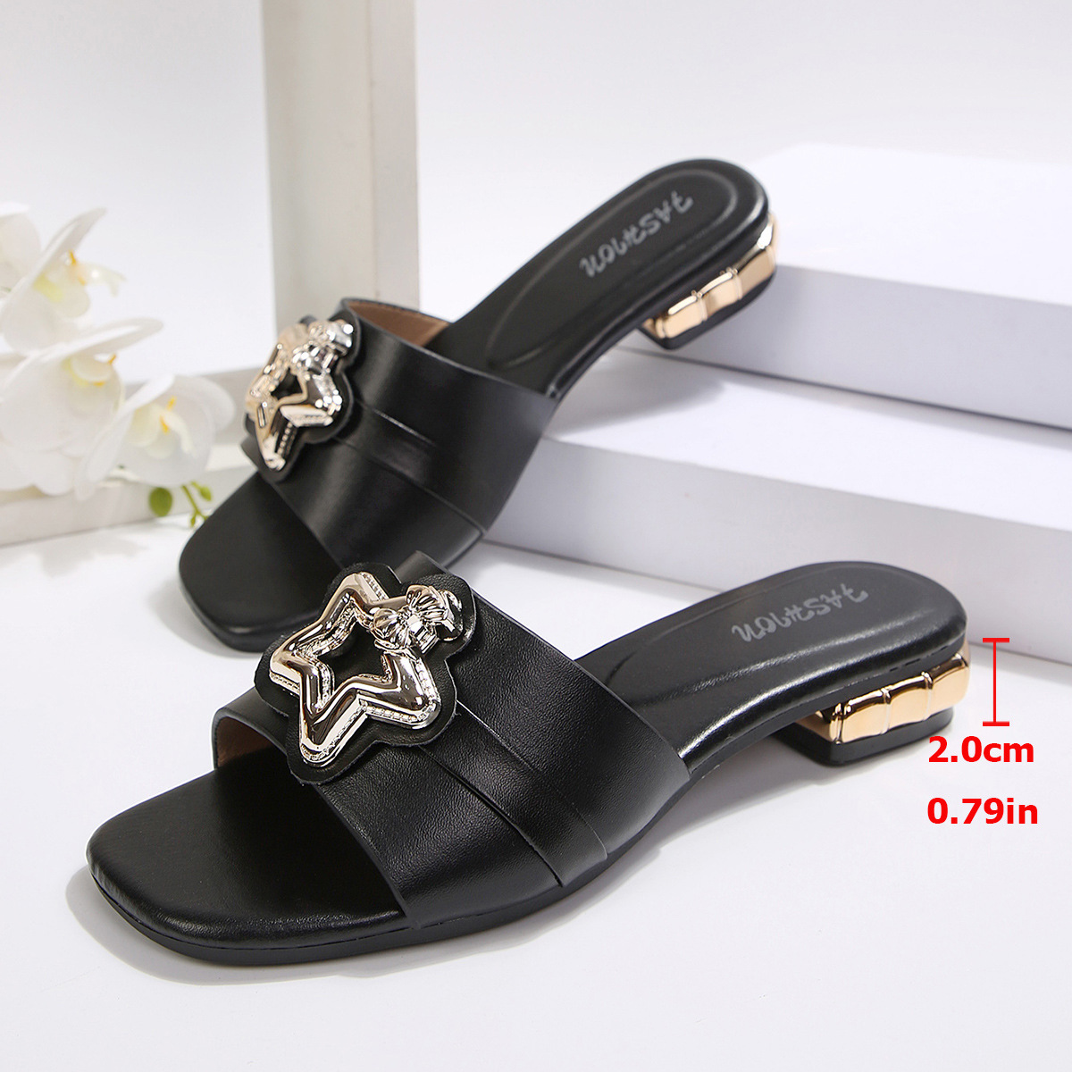 Sandalias de tacón alto para mujer de cuero sintético con punta cuadrada y tacón grueso para verano