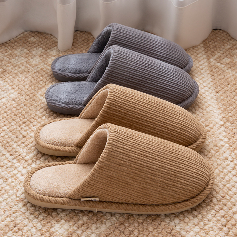 Women's Autumn and Winter New Style Cotton Slippers with Anti-Slip Pieces for Couples to Wear at Home and Outside, Fleece-Lined Warm Furry Floor Mops for Men
