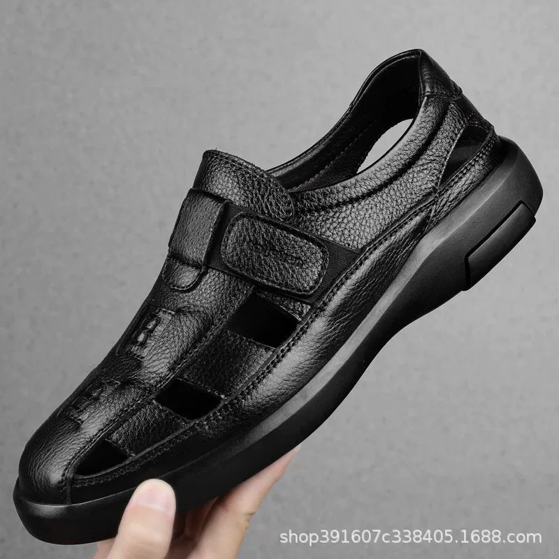 Мужские летние дышащие сандалии из перфорированной кожи, повседневные кожаные сандалии для папы на мягкой подошве.