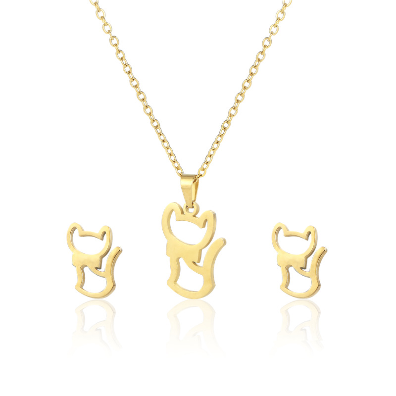 fashion kitten titanium steel necklace earrings gold-plated set