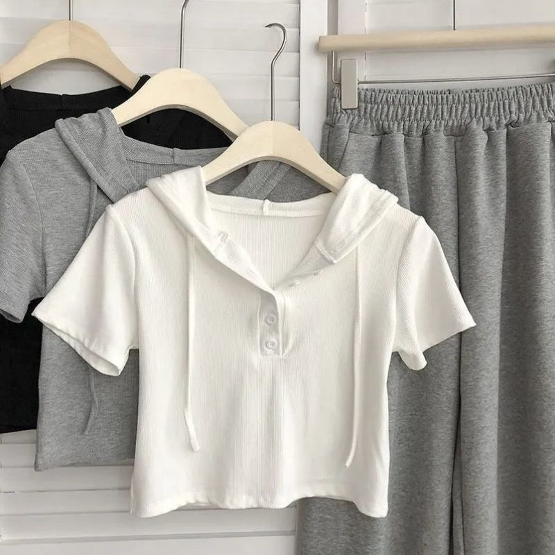 High-End Drawstring Hooded Short-Sleeved Top for Women 2026 New Summer Korean Style Elegant Versatile Slimming Short T-Shirt High-End Drawstring Hooded Short-Sleeved Top for Women 2026 New Summer Korean Style Elegant Versatile Slimming Short T-Shirt