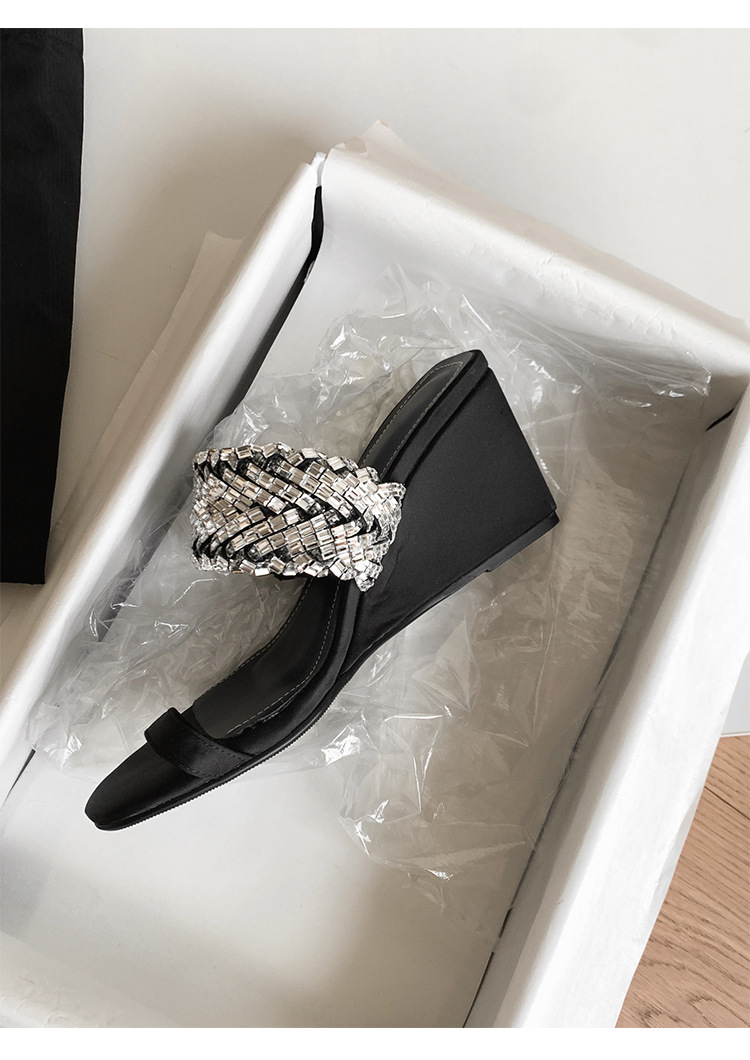 Dép xỏ ngón đế xuồng cao gót đính đá kiểu Pháp, hở mũi, dệt kim, mùa hè — Màu đen chi tiết 23