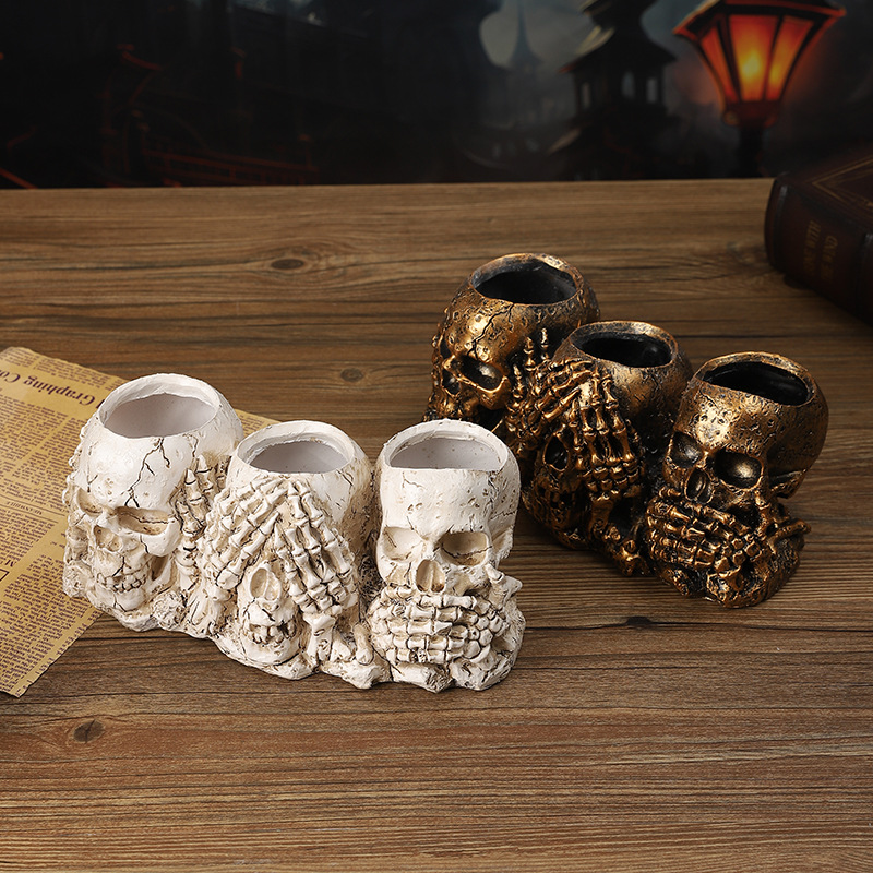  Halloween Don't Listen Don't Look Don't Say Skull Flower Pot Ornaments Fleshy Potted Plants Empty Pot Resin Crafts