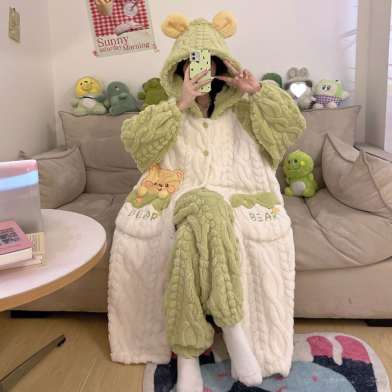 가을과 겨울 여성용 파자마, 두껍고 벨벳 소재, 학생용 나이트가운, 밖에서도 입을 수 있음, 산호 양털, 귀여운 플란넬 슈트, 가정복