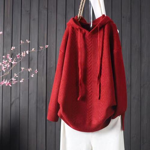Pure Color Hooded Belted Long-Sleeve Soft and Slender Women's Knit Top Sweater for Autumn and Winter