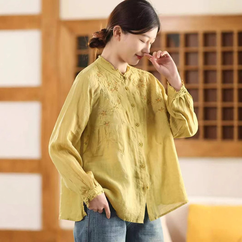 Guka Clothing 2025 Spring and Autumn Embroidered Shirt Double Count Ramie Shirt Women's Lace Collar Long Sleeve Temperament Top