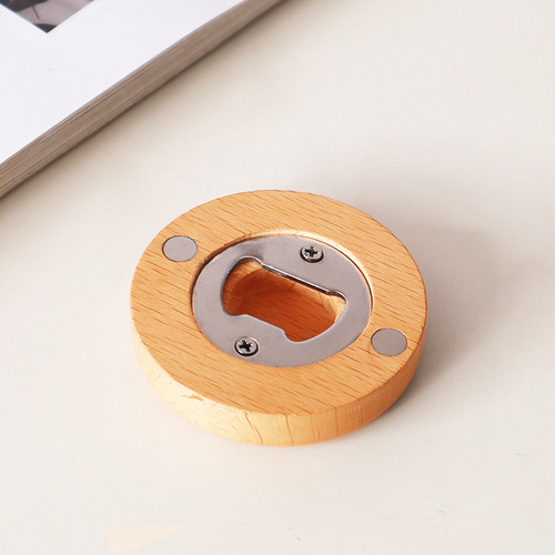 Creative beech magnetic refrigerator magnet round bottle opener household wooden message strip customizable logo beer bottle opener