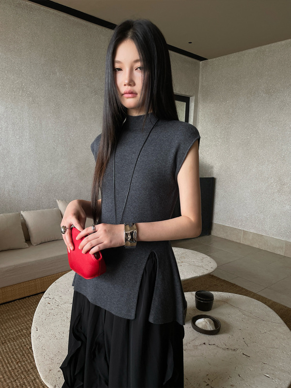 FONE简禾韩系不规则开叉针织衫女2025秋季半高领无袖打底上衣9039|undefined