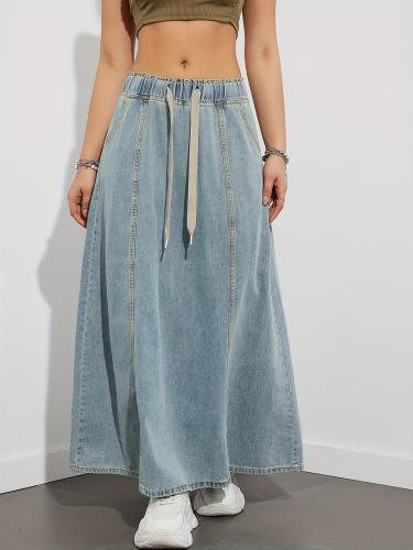 Denim elastic waist drawstring denim skirt women's new retro high-waist slimming loose denim skirt