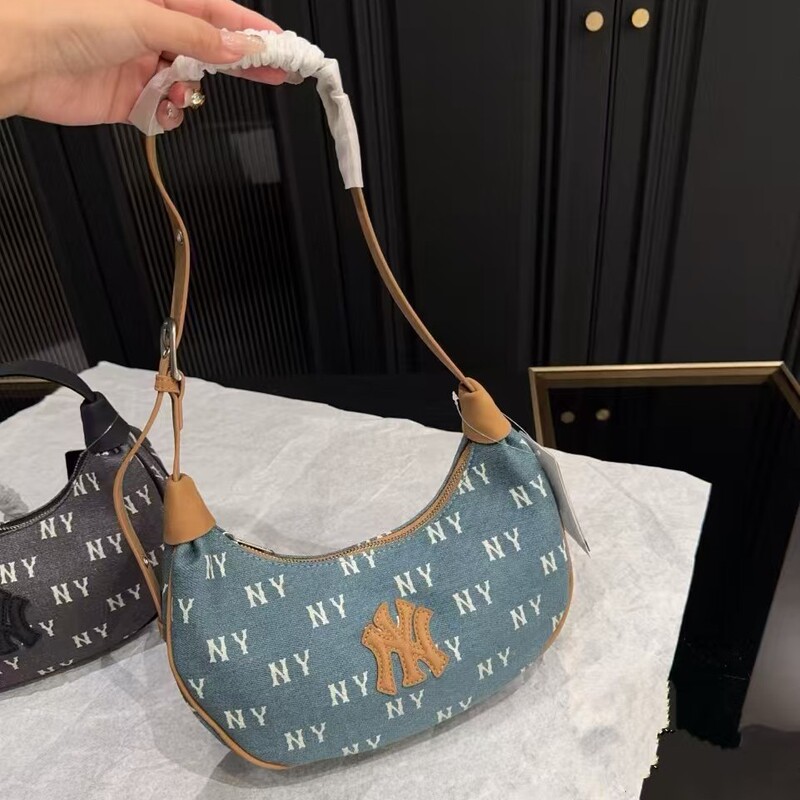 Korean Mlb New Full-Print Monogram Denim Underarm Bag Ny Retro Fashion Couple Shoulder Tote Commuter Bag for Women
