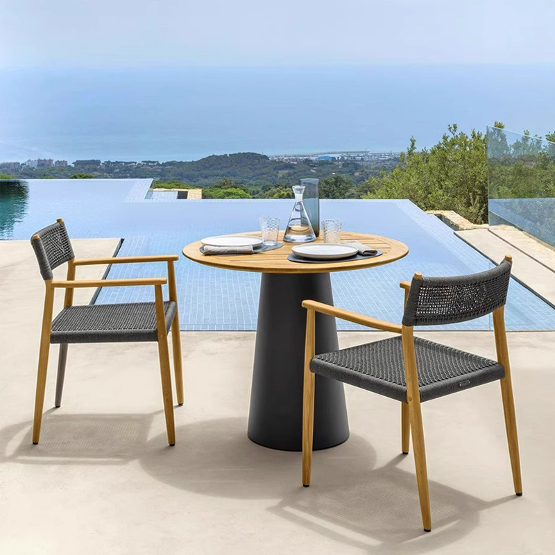Old-fashioned solid wood outdoor table and chair set, weatherproof and sun-resistant, suitable for villa, hotel, open-air restaurant, and woven balcony, one table with two chairs.