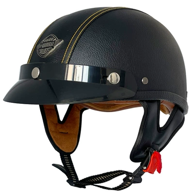 Motosiklet kaskı (dəbilqə) – women's half helmet electric motorcycle - black-and-yellow-lines-leather-helmet-m