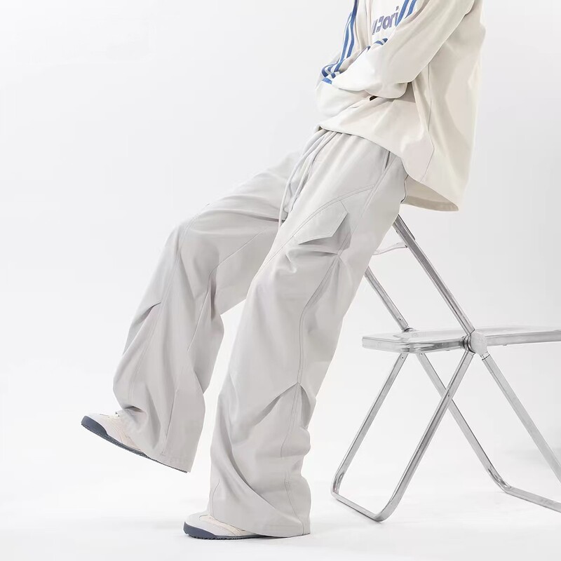 Pleated Workwear Pants for Men, Spring and Autumn, American-Style Patchwork Design, Trendy Brand, Loose Straight-Leg Parachute Pants Pleated Workwear Pants for Men, Spring and Autumn, American-Style Patchwork Design, Trendy Brand, Loose Straight-Leg Parachute Pants