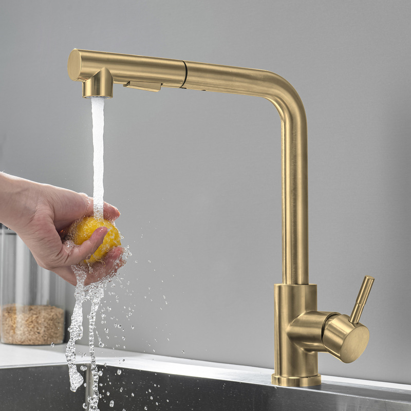 Kaiping 304 Stainless Steel Kitchen Pull-Out Faucet Brushed Gold Sink Sink Universal Hot and Cold Faucet