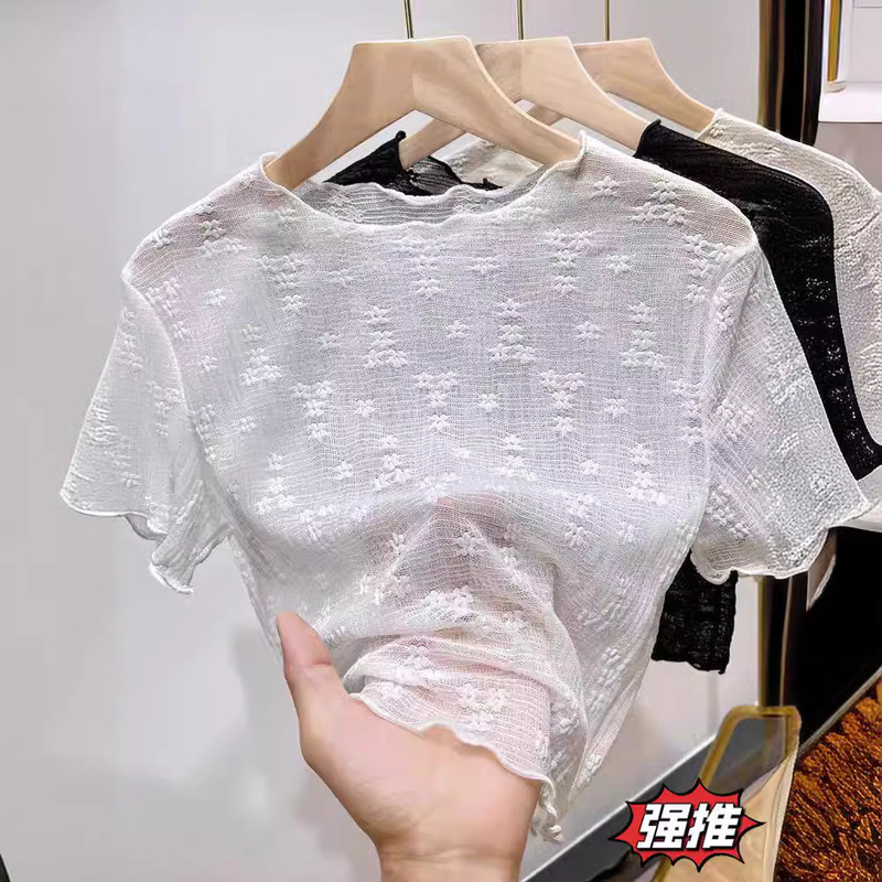 Short White Mesh Base Shirt Women's Summer Sling dress Inner T-Shirt Women's Short-sleeved Lace Top