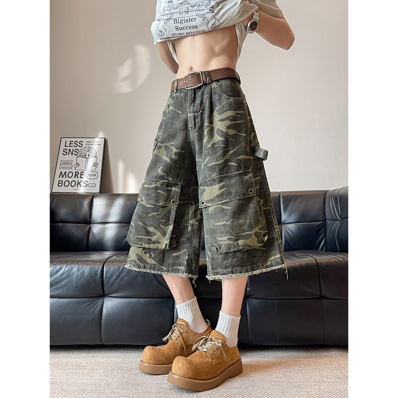American Retro Camouflage Workwear Wide-Leg Pants for Men and Women, Summer Loose Casual Versatile Straight-Leg Trendy Denim Cropped Pants