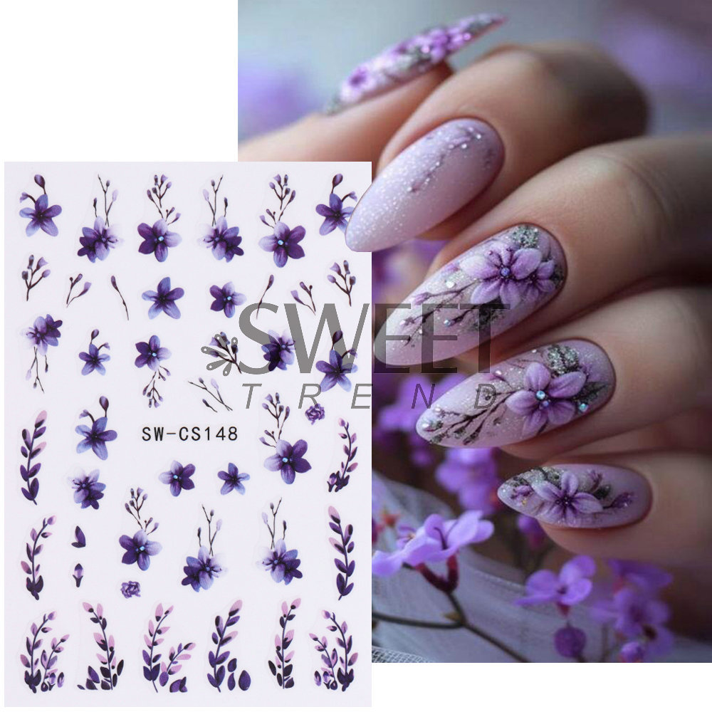 국경 간 새로운 네일 아트 스티커 봄과 여름 3D 복고풍 꽃 보라색 튤립 나비 방수 접착 네일 스티커