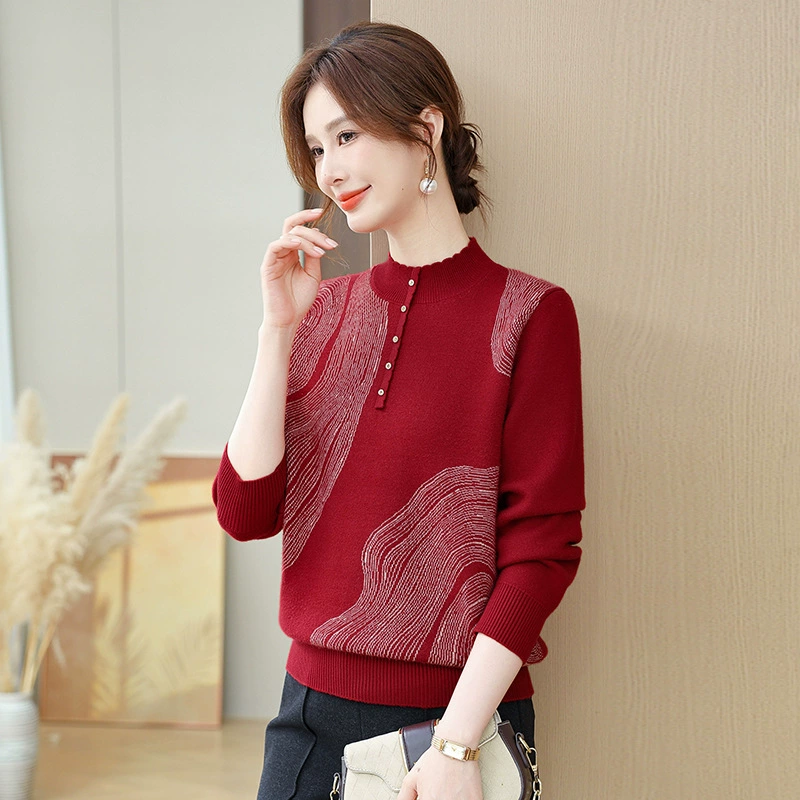 Плюшевая толстая нижняя рубашка женский 2024 зимний новый топ среднего и пожилого женского пола трикотажный теплый свитер с половинным вырезом