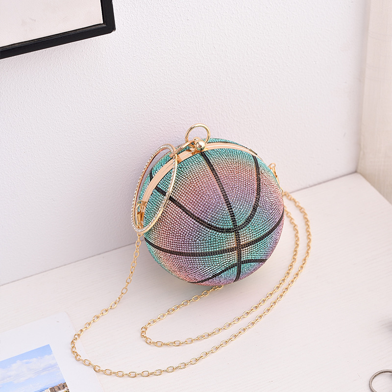 Nuevo bolso de cena de baloncesto de color transfronterizo, bolso de banquete portátil de diamantes completos redondos, bolso diagonal de noche de color degradado de todo fósforo