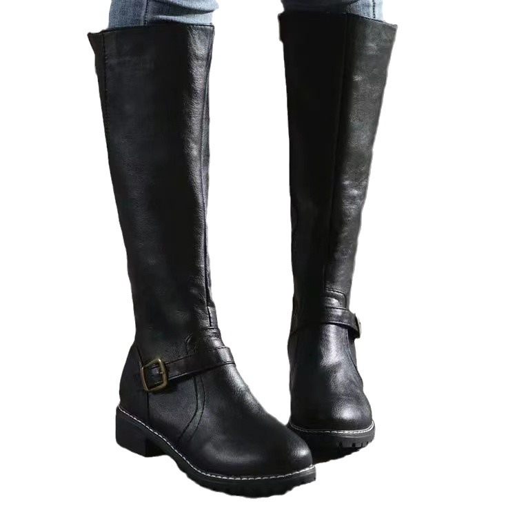 Solid color biker boots with large heel and long leg_voghion.com