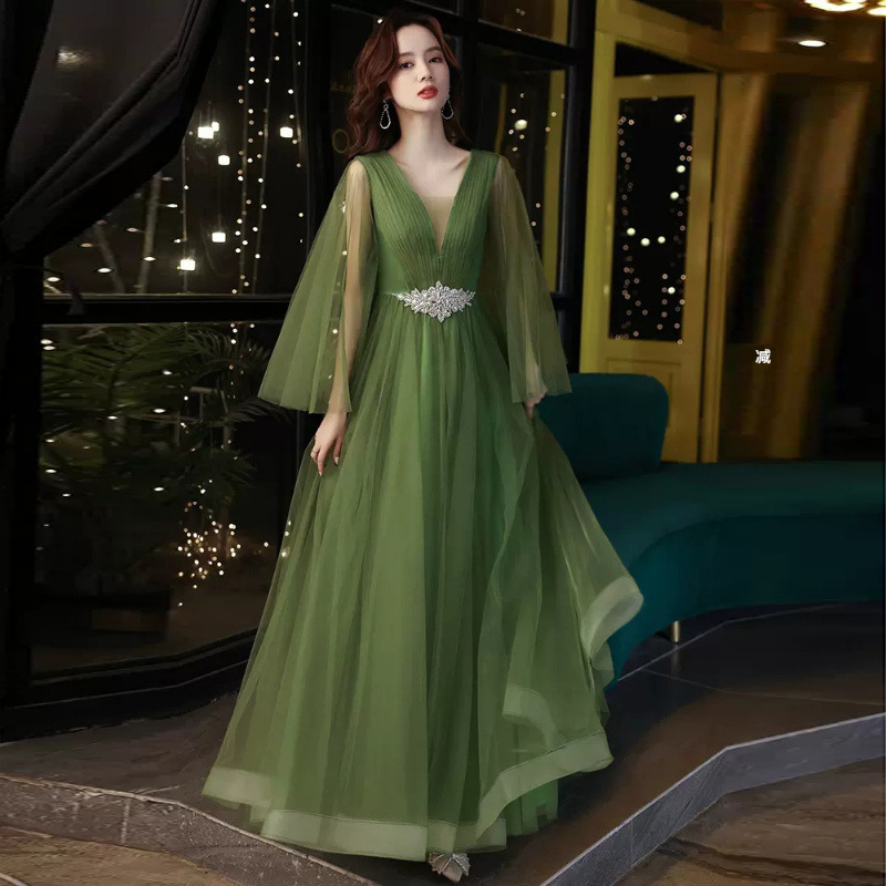 Evening Dress Women's Banquet Elegant Light Luxury Niche High-end High-end Green Wedding Dress Guzheng Art Test Solo Performance Dress Evening Dress Women's Banquet Elegant Light Luxury Niche High-end High-end Green Wedding Dress Guzheng Art Test Solo Performance Dress
