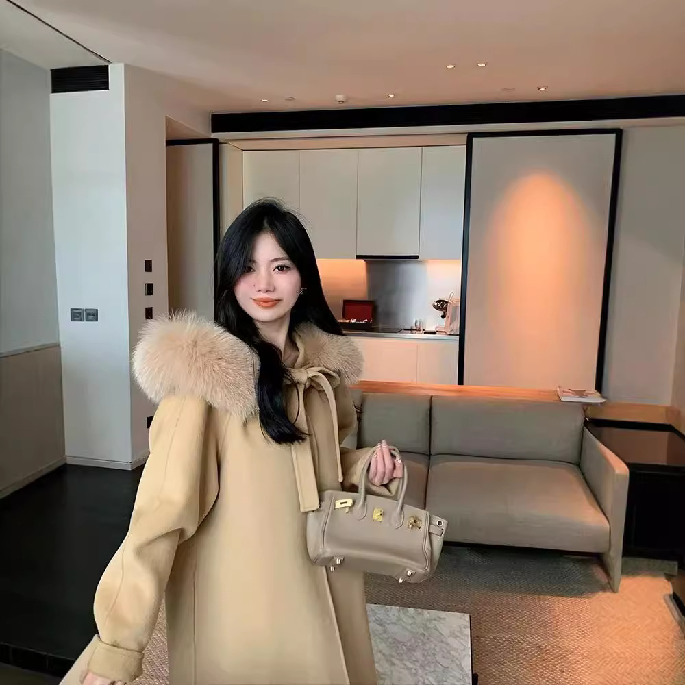 Demi-season double-sided cashmere long woolen jacket with bow with…