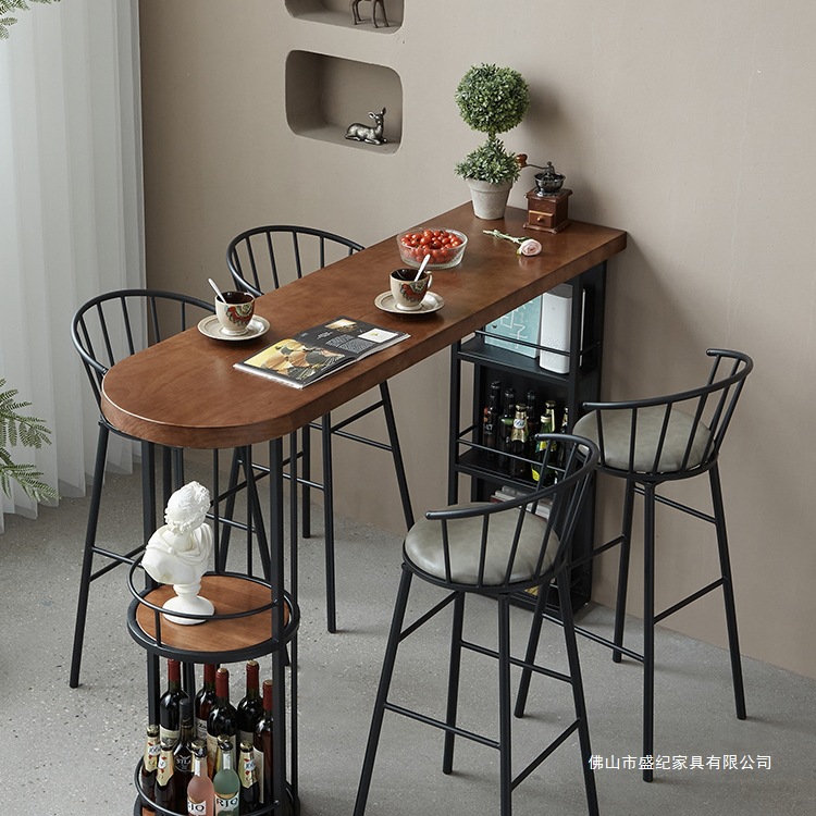 Wrought Iron Solid Wood Partition Table Bar Home Retro Wall Narrow Table Cafe Leisure Bar High Table and Chair Combination