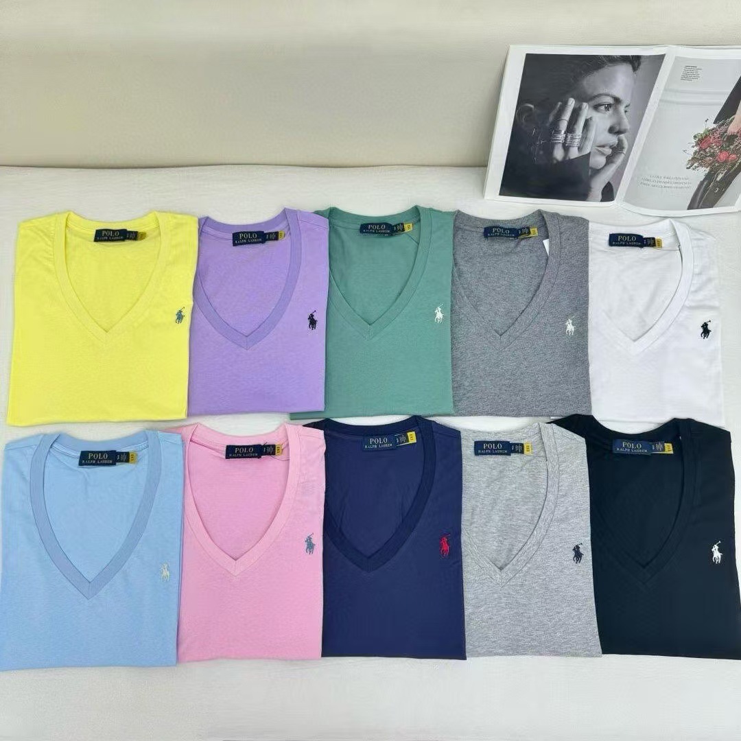 Scan the Qr Code to Get the Original Rl Ralph Lauren Women's Summer Versatile Thin Cotton Embroidered Pony Logo V-Neck Short-Sleeve T-Shirt