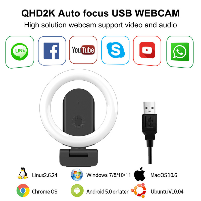 Qhd2K Led Fill Light Autofocus Camera with Touch Light Control, Microphone, and Plug-And-Play Functionality Qhd2K Led Fill Light Autofocus Camera with Touch Light Control, Microphone, and Plug-And-Play Functionality