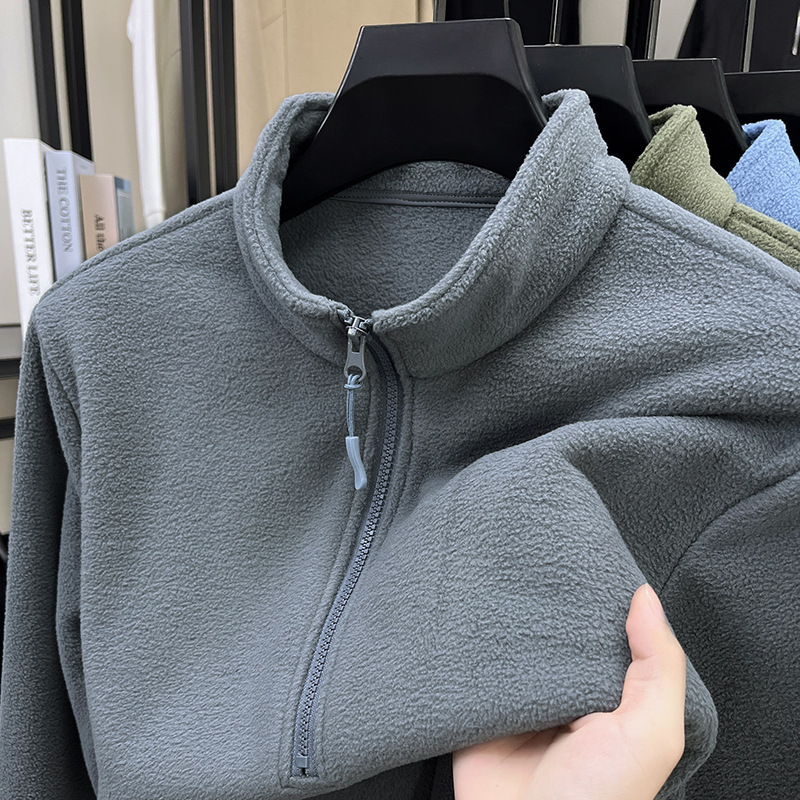 Autumn and Winter Stand-Up Collar Zipper Double-Sided Polar Fleece Sweatshirt for Men Korean Style Pure Color Casual Inner Layering Top for Men