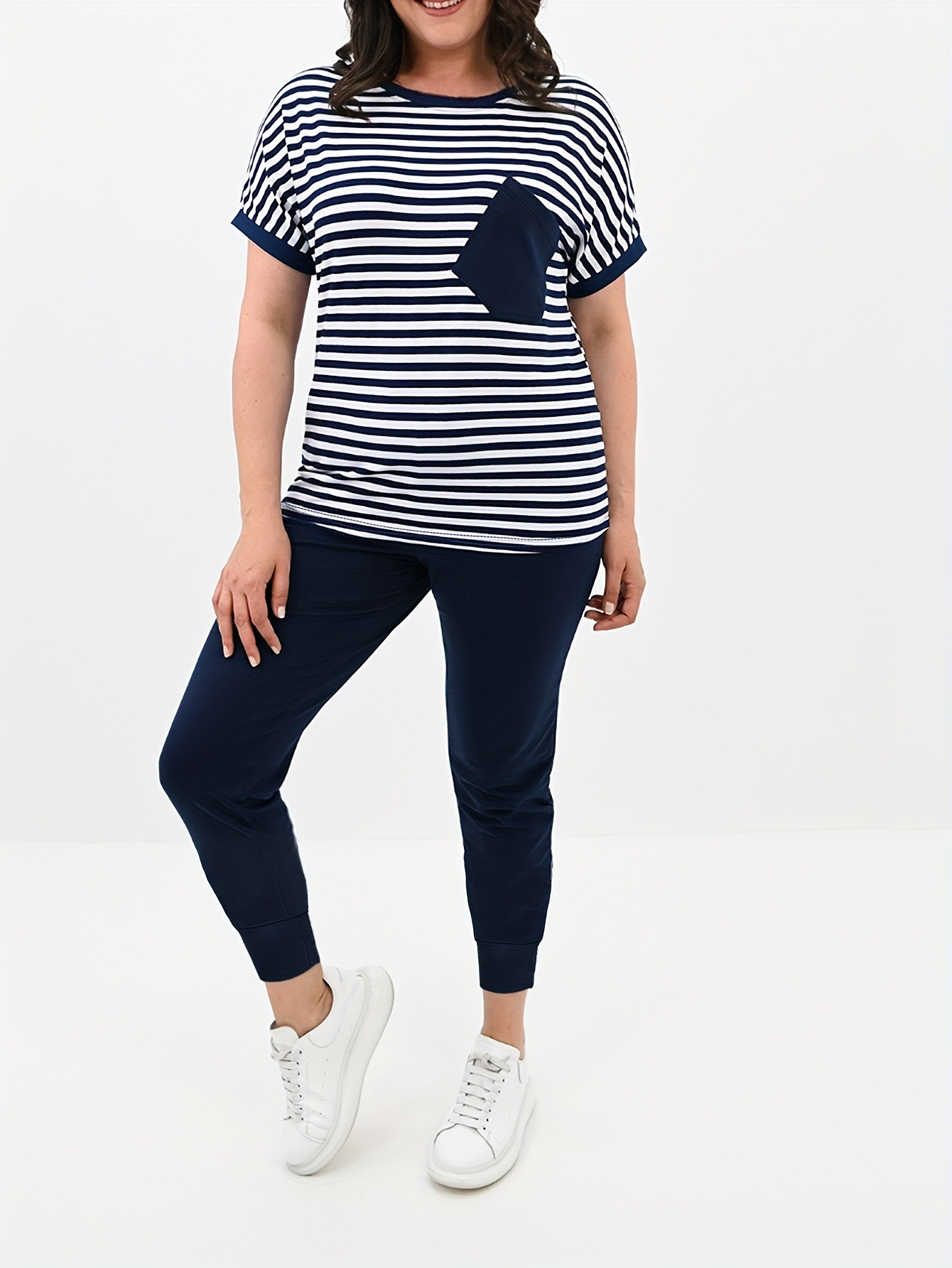 Women's Striped Casual Top Two Piece Set with Solid Color Pocket Slim Fit Trousers Short Sleeved Top Elastic Waist_voghion.com