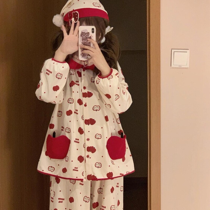 Cute Doll Collar Christmas Apple Pajamas Girls Spring and Autumn New Sweet Spring Cardigan Long Sleeve Home Clothes suit
