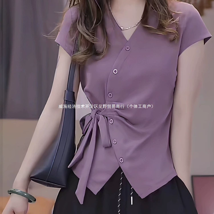 Новая рубашка с французским дизайном и диагональной планкой с воротником-поло для женщин, летняя футболка с короткими рукавами на шнуровке, модный топ