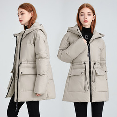 欧货中长款羽绒棉服女收腰工装2025冬季连帽新款时尚加厚棉袄外套
