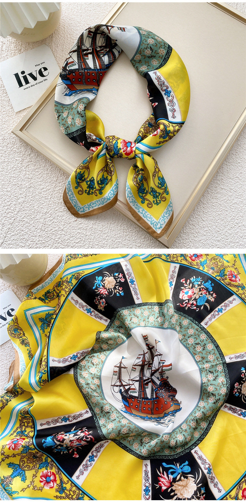 50g Weight Silk Scarf Classification Travel Occasion Silk Material Unisex Gender Printing Design Sweet Style Grey, Red, Green, Blue, Yellow, Black Color Unisex Sweet Silk Printing Silk Scarf 3