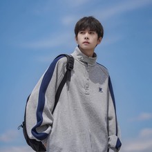 美式复古休闲卫衣拼接立领男外套春秋情侣学生运动宽松套头上衣