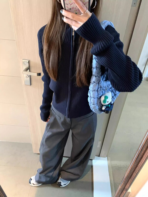 OOKSTUDIOS拉链毛衣针织开衫女2025秋季辣妹短款显瘦百搭外套潮|undefined