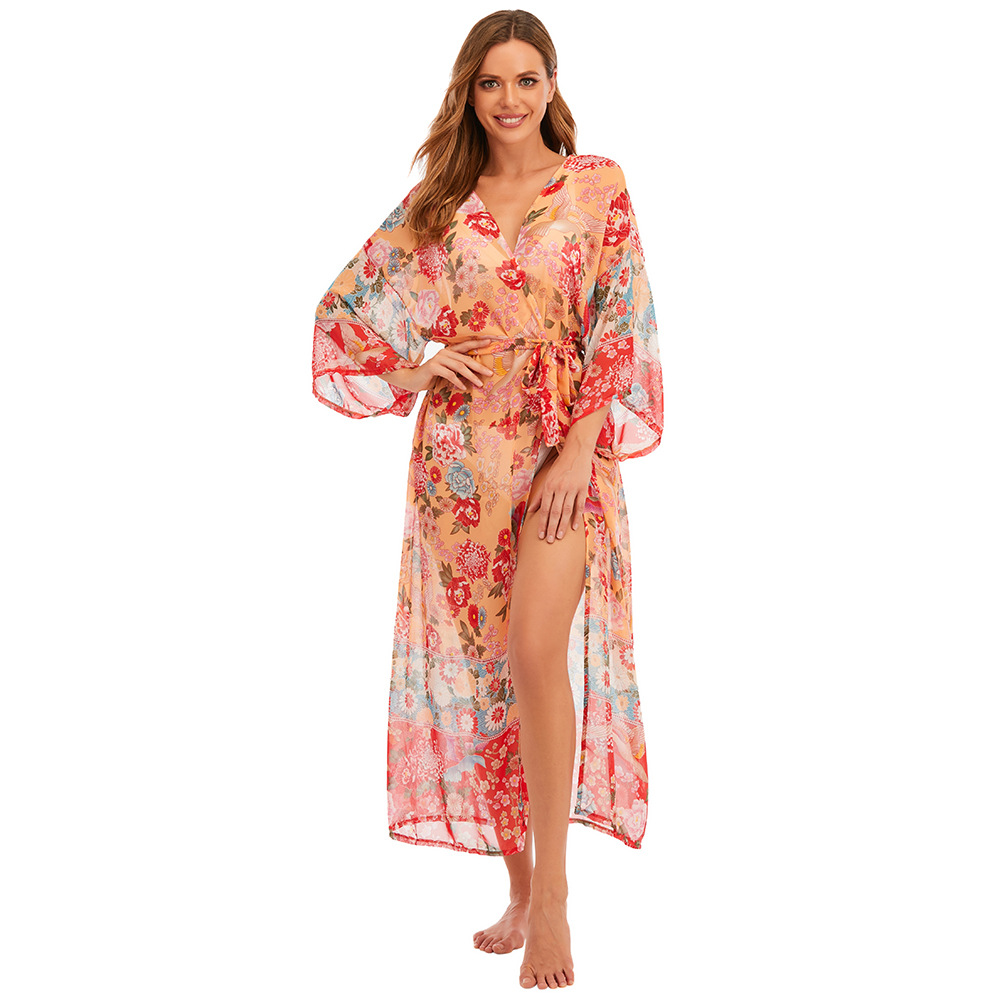 Blusa de la playa europea y americana chiffon impreso vacaciones cardigan playa falda bikini sol protección camisa traje de baño cubierta-up xf08